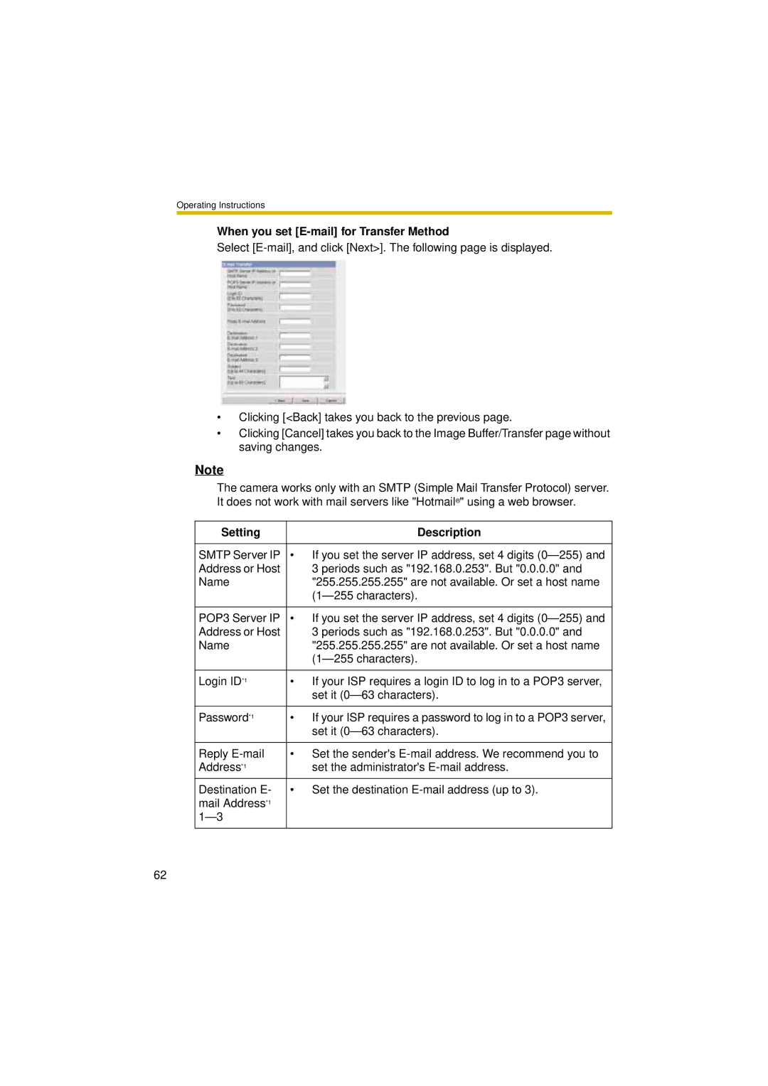 Panasonic BL-C30A operating instructions When you set E-mail for Transfer Method 