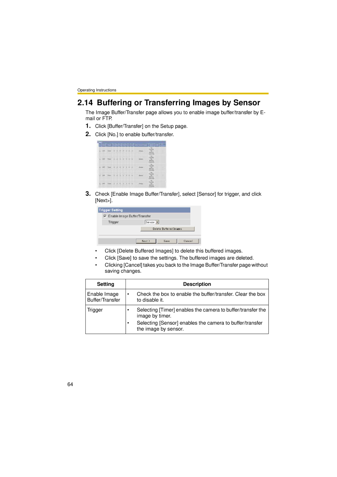 Panasonic BL-C30A operating instructions Buffering or Transferring Images by Sensor 