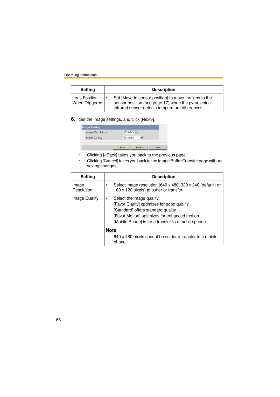 Panasonic BL-C30A operating instructions Setting Description 