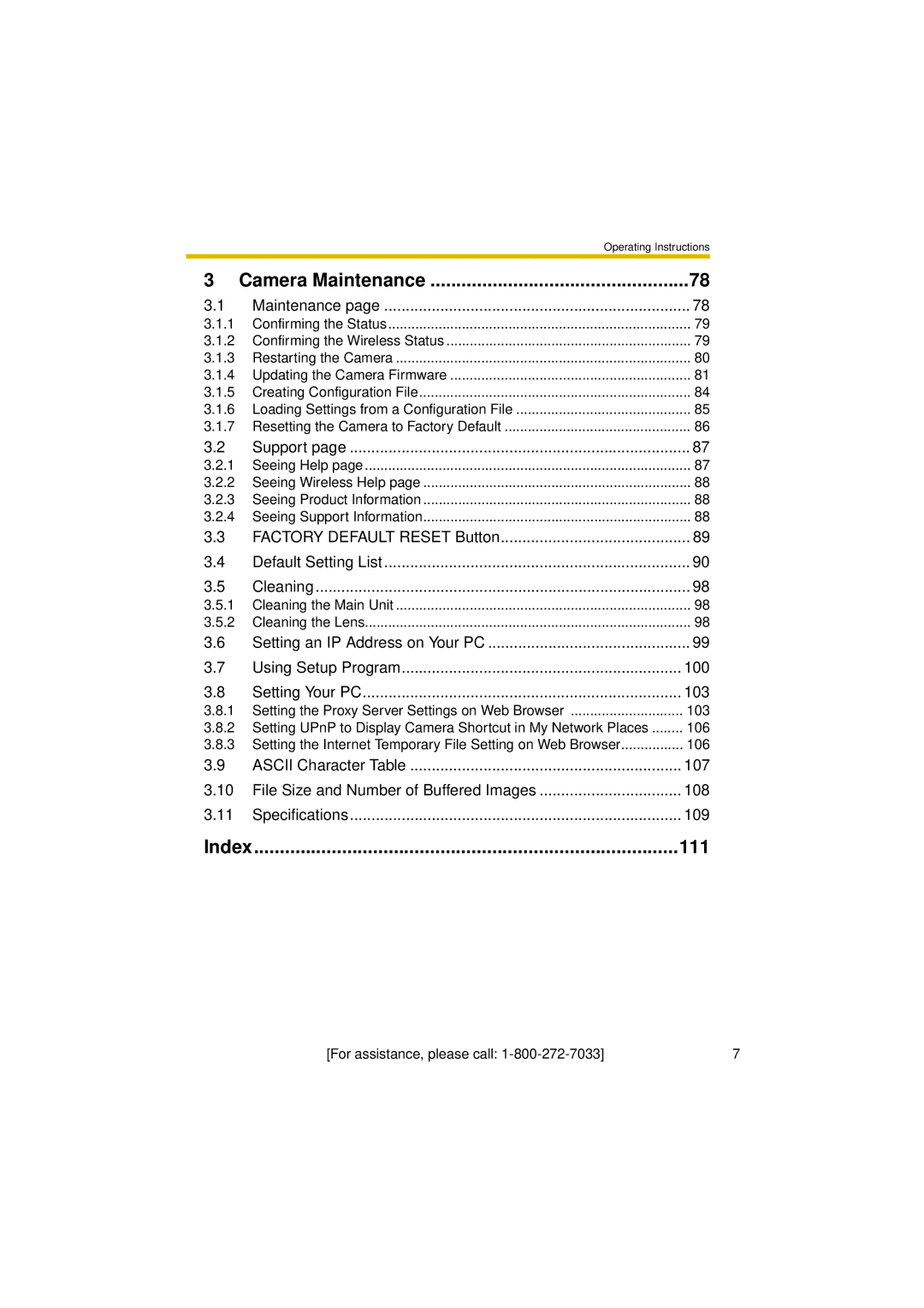 Panasonic BL-C30A operating instructions Camera Maintenance, Index 111 