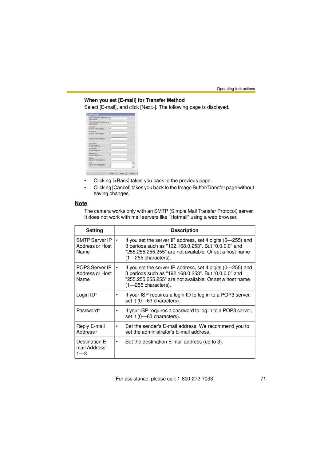 Panasonic BL-C30A operating instructions When you set E-mail for Transfer Method 