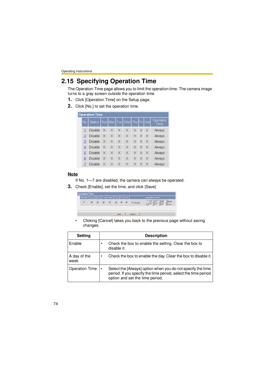 Panasonic BL-C30A operating instructions Specifying Operation Time 