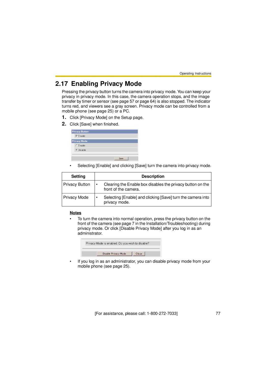 Panasonic BL-C30A operating instructions Enabling Privacy Mode, Setting Description 