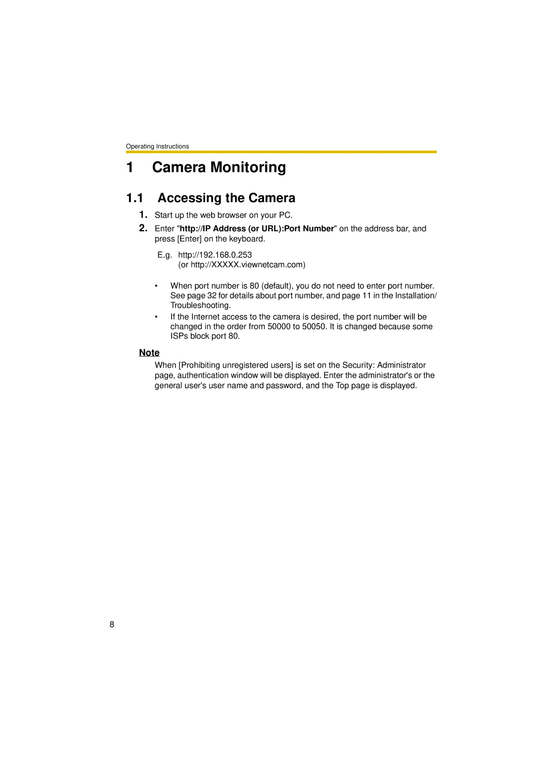 Panasonic BL-C30A operating instructions Camera Monitoring, Accessing the Camera 