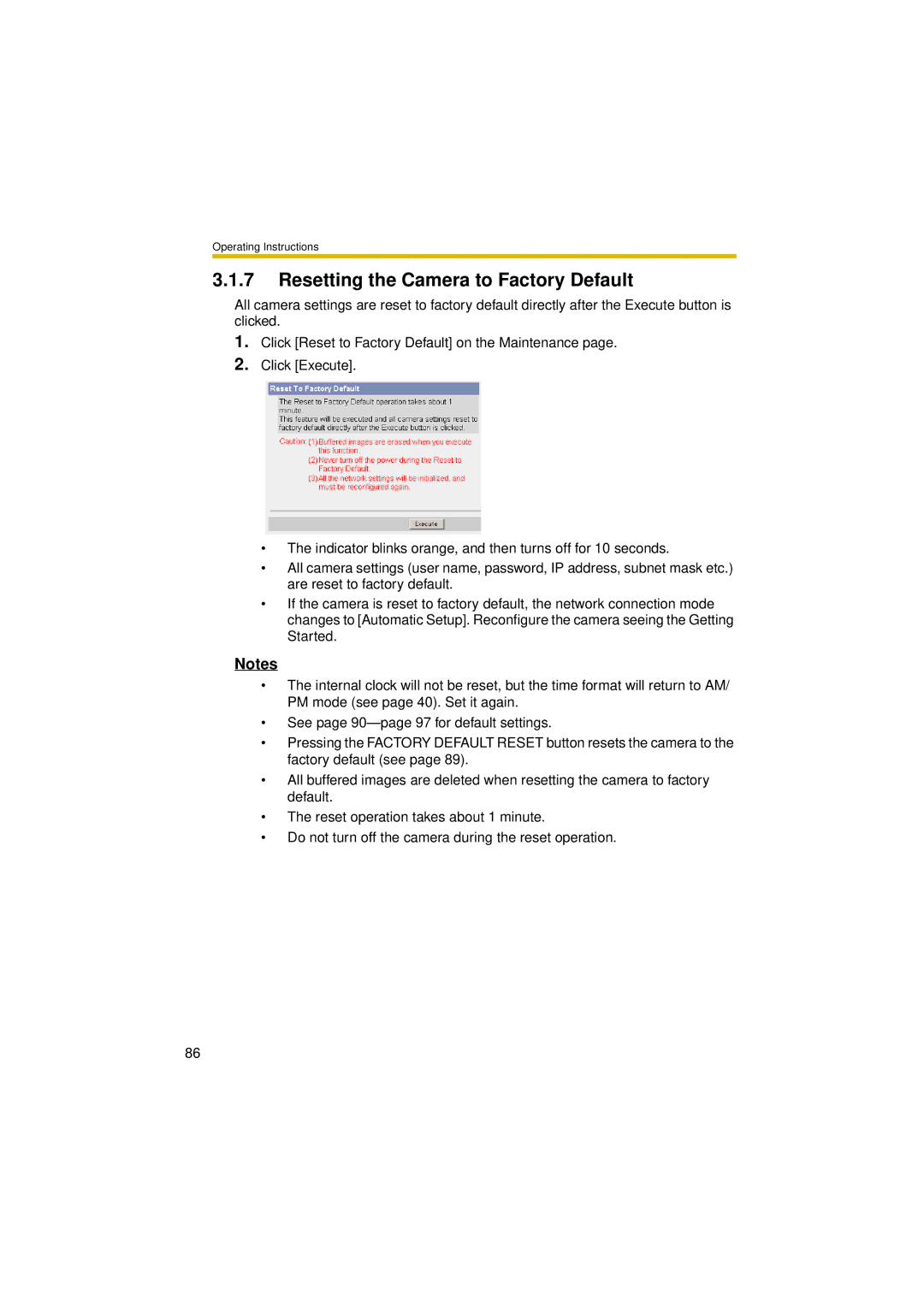 Panasonic BL-C30A operating instructions Resetting the Camera to Factory Default 