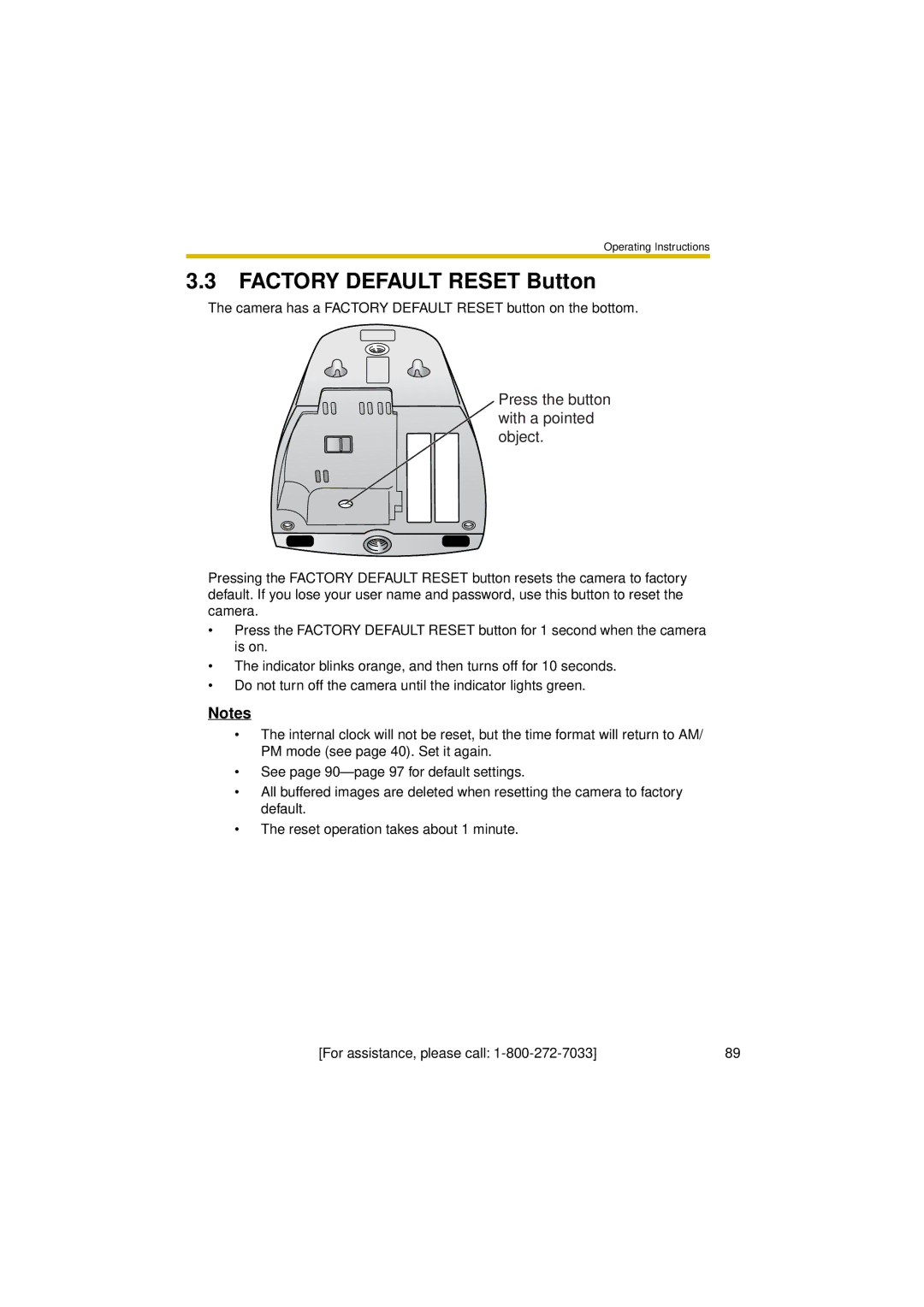 Panasonic BL-C30A operating instructions Factory Default Reset Button, Press the button with a pointed object 