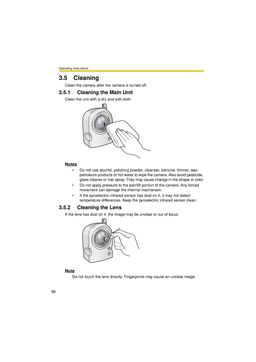 Panasonic BL-C30A operating instructions Cleaning the Main Unit, Cleaning the Lens 