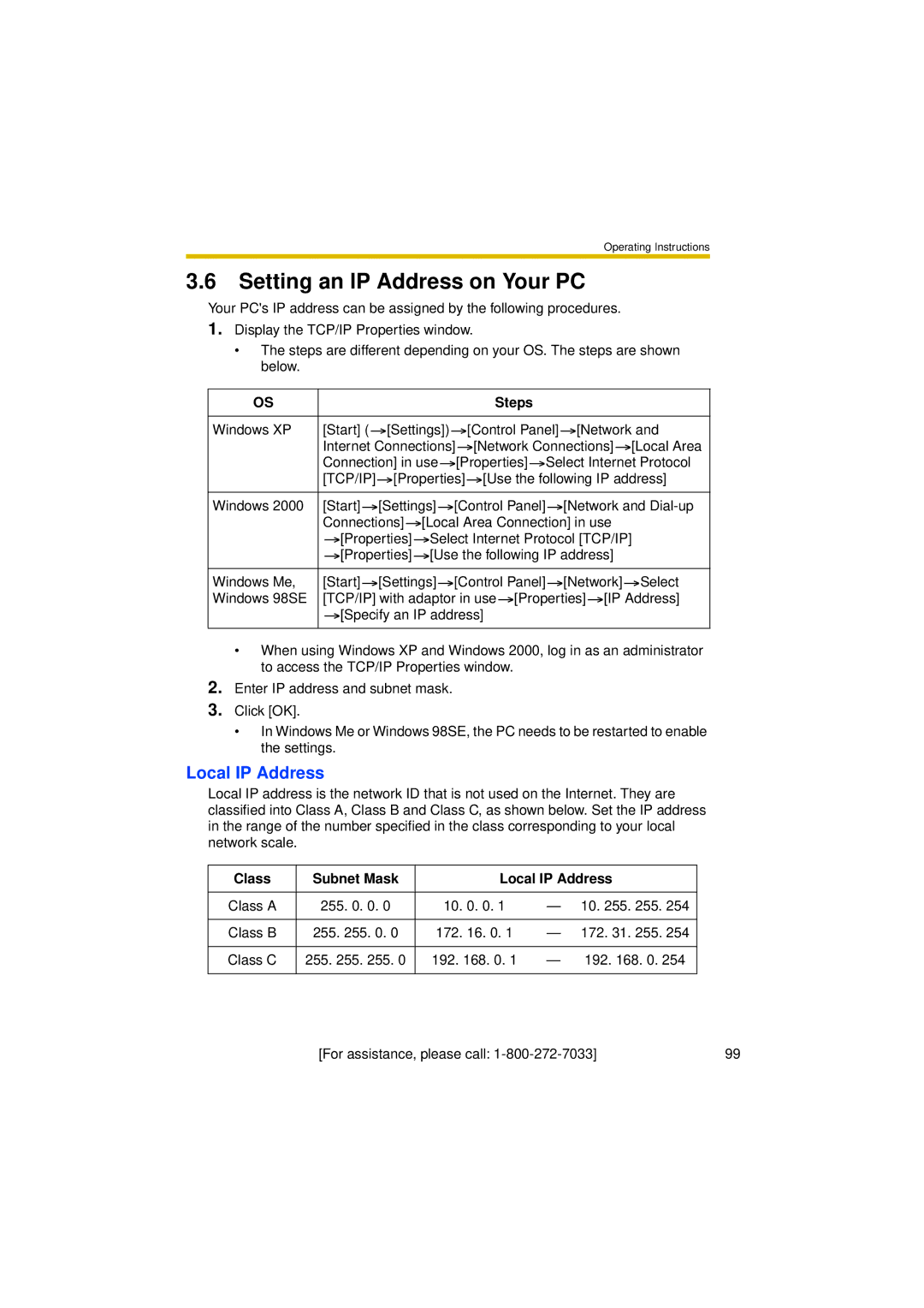 Panasonic BL-C30A operating instructions Setting an IP Address on Your PC, Steps, Class Subnet Mask Local IP Address 