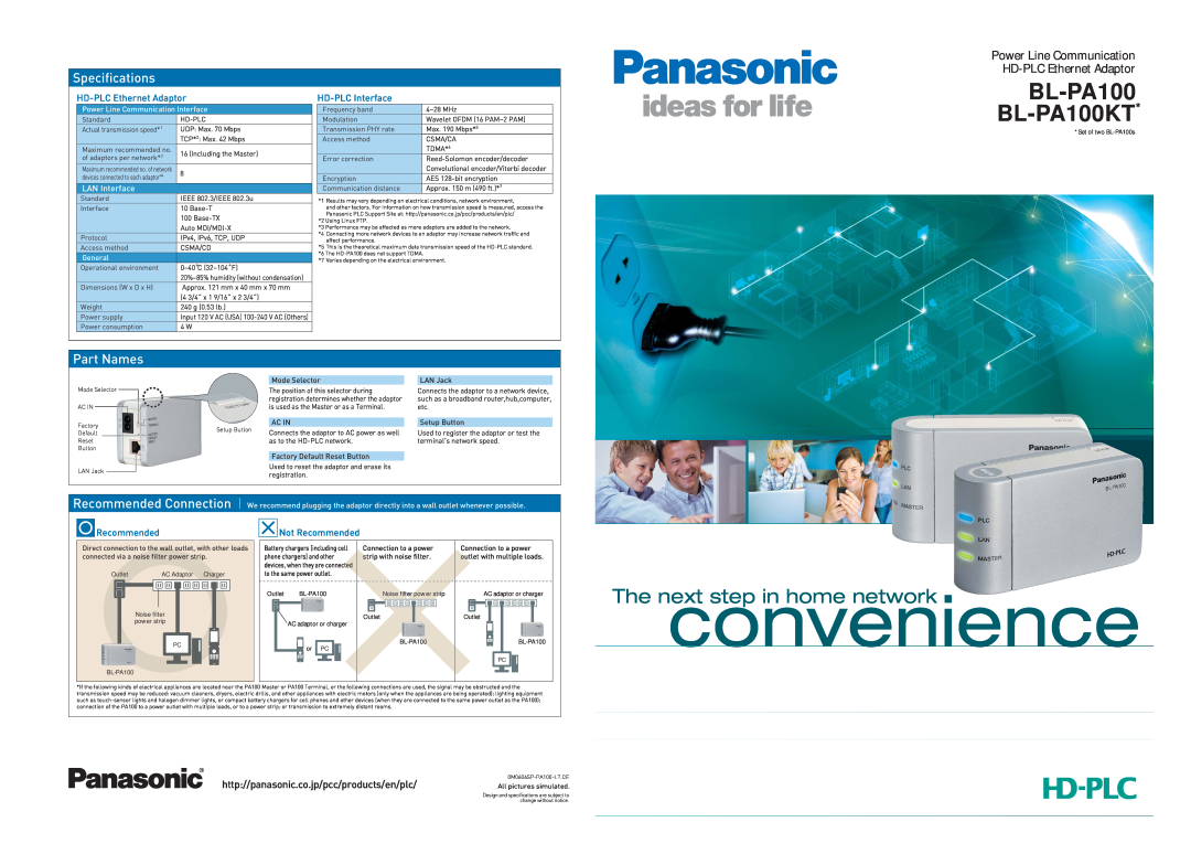 Panasonic specifications http//panasonic.co.jp/pcc/products/en/plc, convenience, BL-PA100 BL-PA100KT, Specifications 