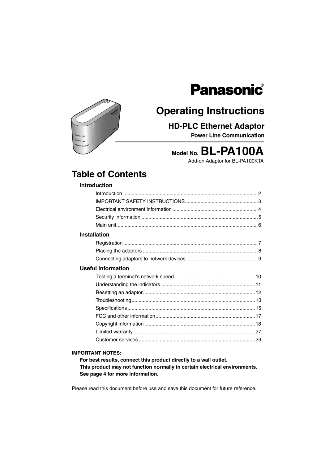 Panasonic BL-PA100A important safety instructions Operating Instructions 