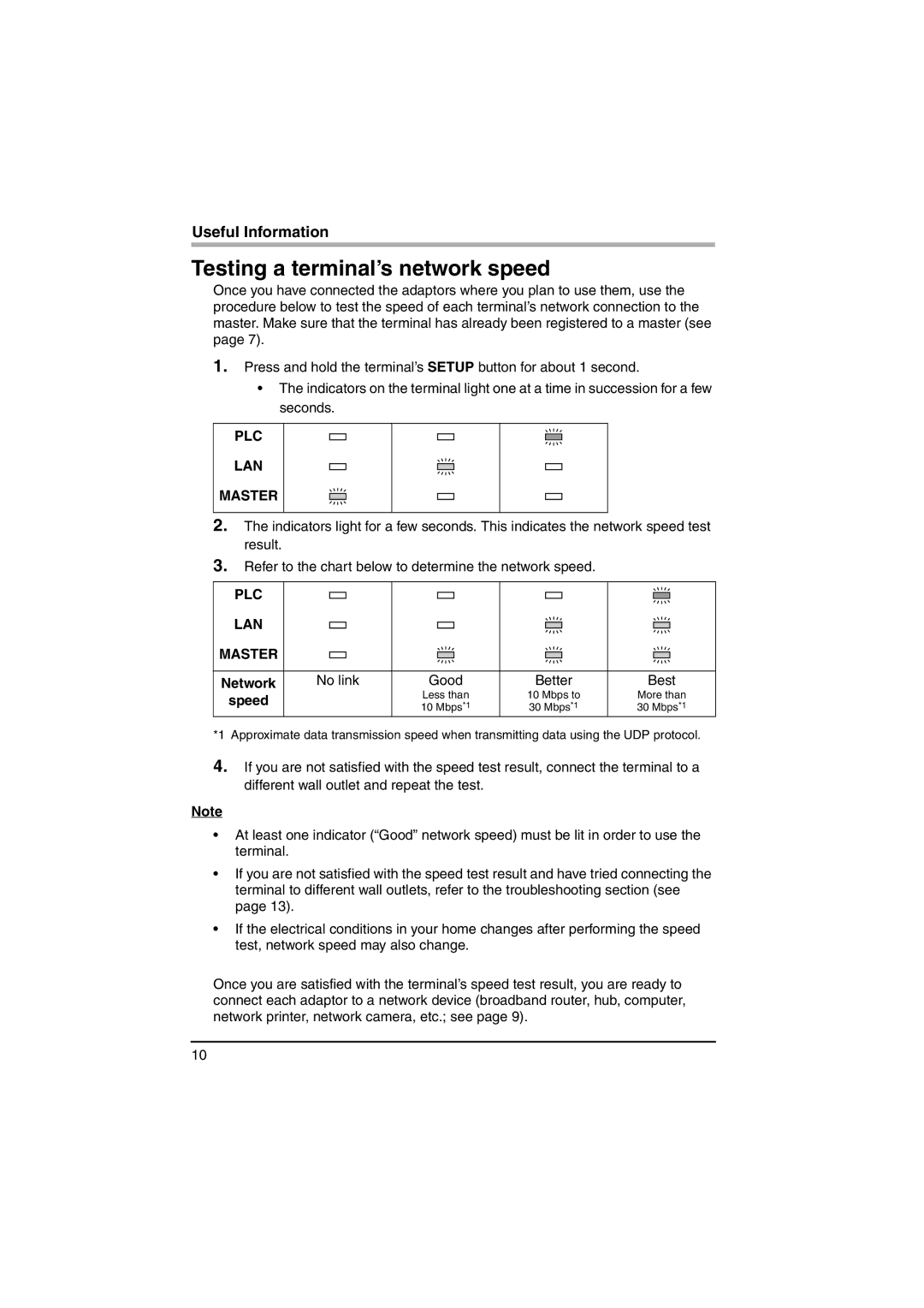 Panasonic BL-PA100A important safety instructions Testing a terminal’s network speed, Speed 