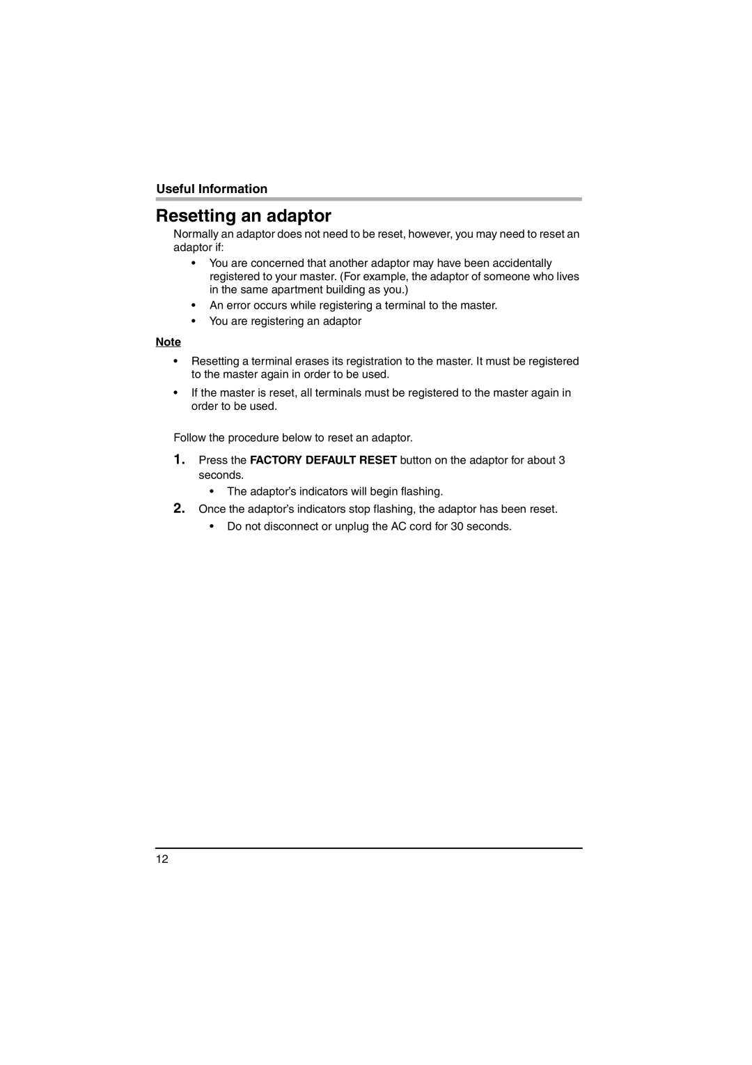 Panasonic BL-PA100A important safety instructions Resetting an adaptor 