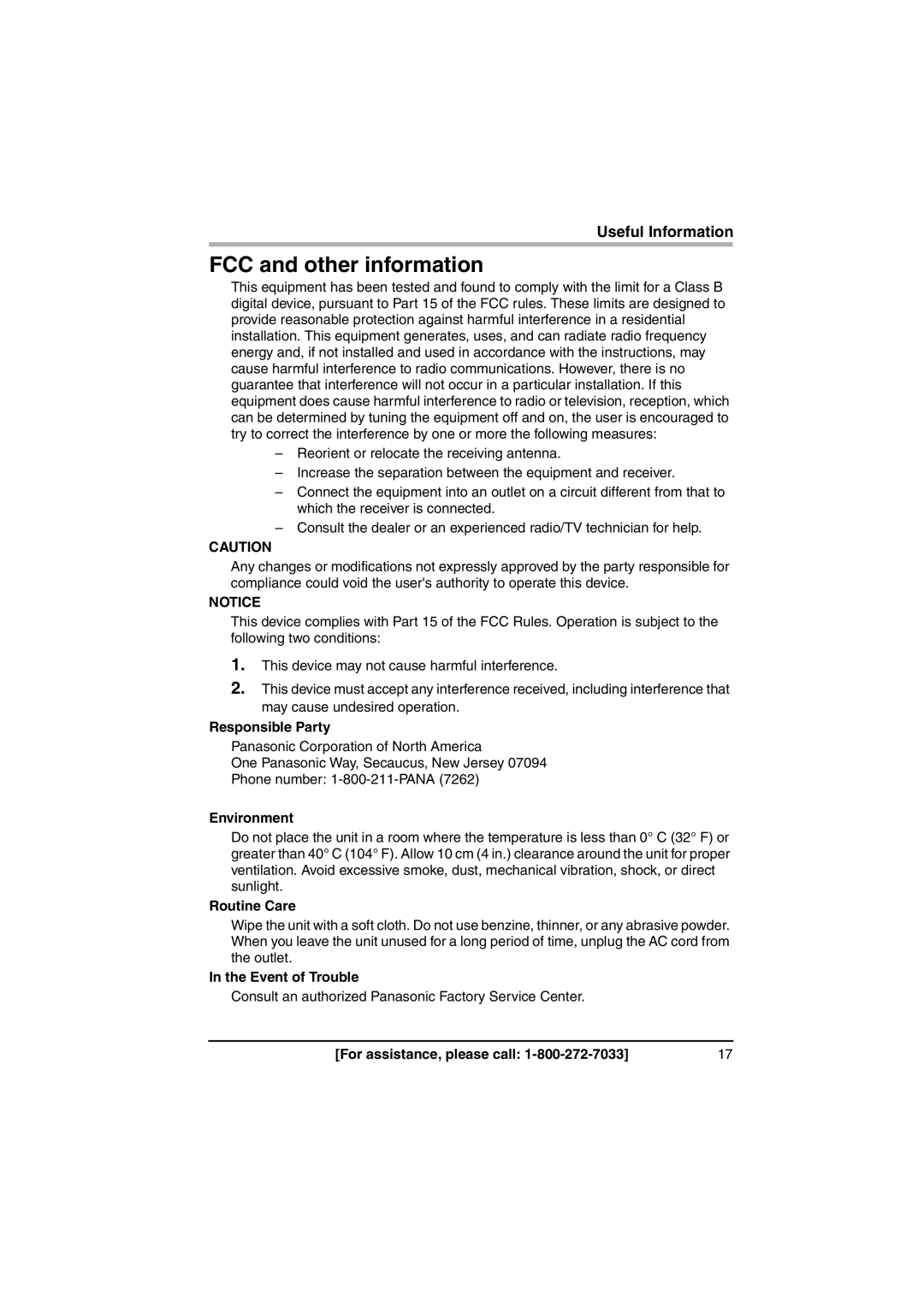 Panasonic BL-PA100A FCC and other information, Responsible Party, Environment, Routine Care, Event of Trouble 