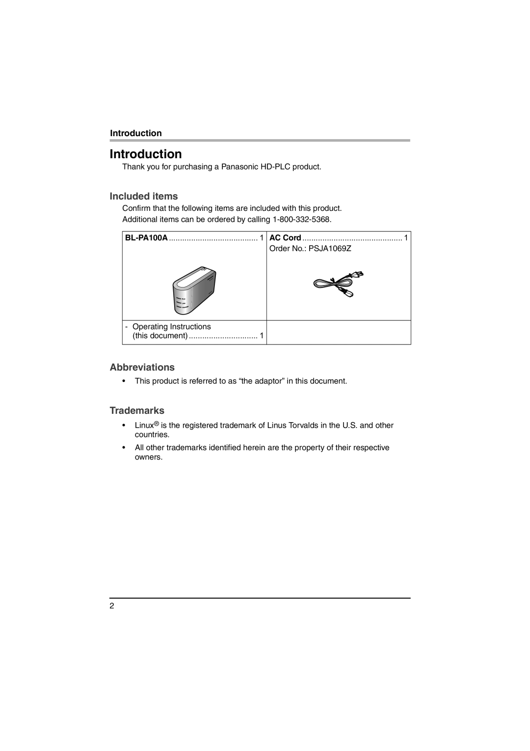 Panasonic BL-PA100A important safety instructions Introduction, Included items, Abbreviations, Trademarks 