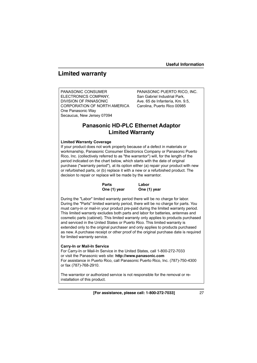 Panasonic BL-PA100A important safety instructions Limited warranty, Panasonic HD-PLC Ethernet Adaptor Limited Warranty 