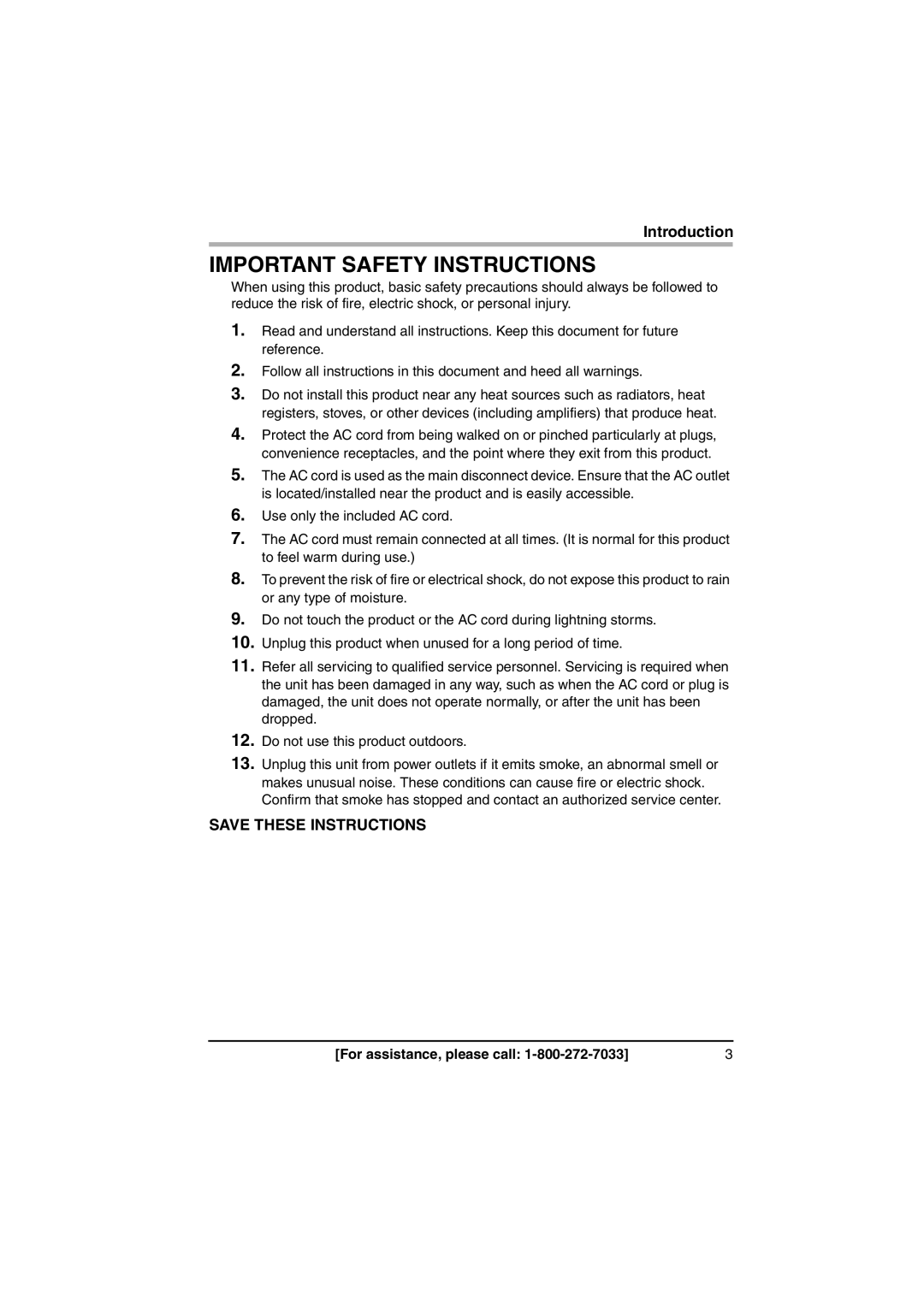 Panasonic BL-PA100A important safety instructions Important Safety Instructions, For assistance, please call 