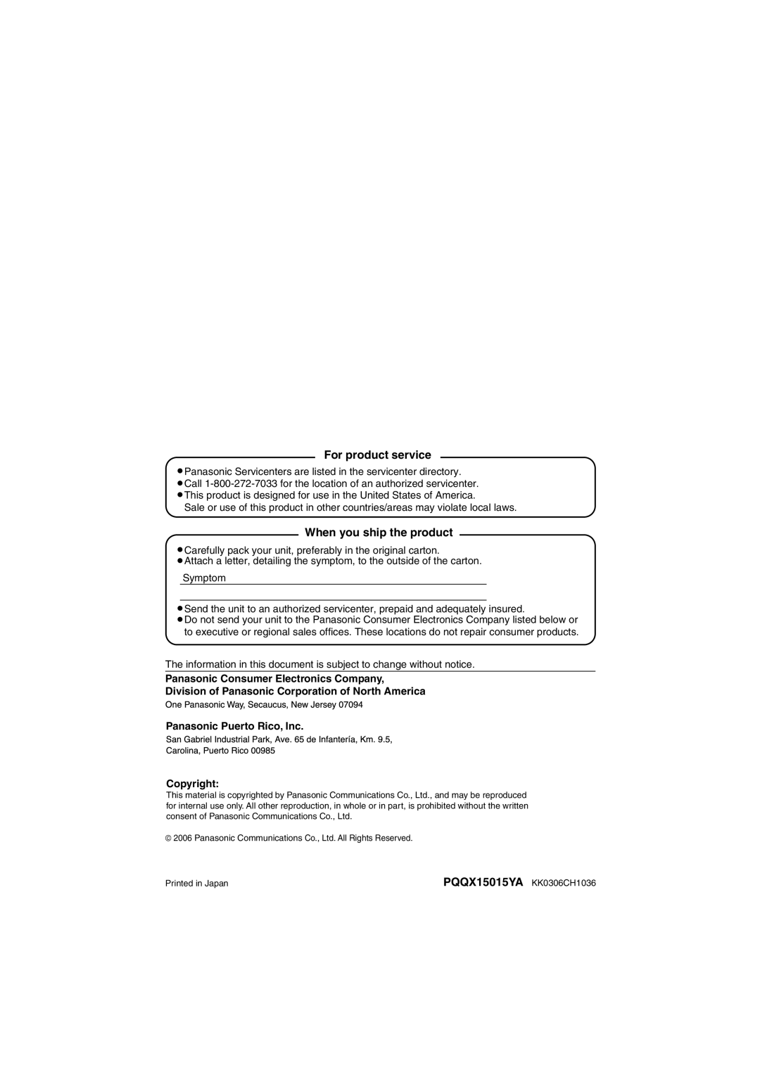 Panasonic BL-PA100A important safety instructions For product service, When you ship the product, PQQX15015YA KK0306CH1036 