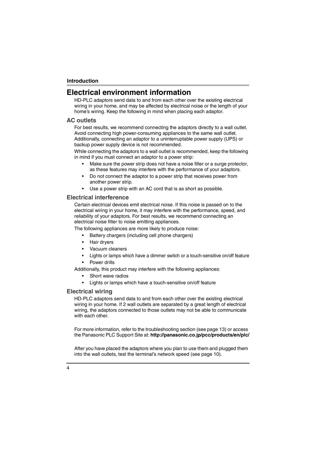 Panasonic BL-PA100A Electrical environment information, AC outlets, Electrical interference, Electrical wiring 