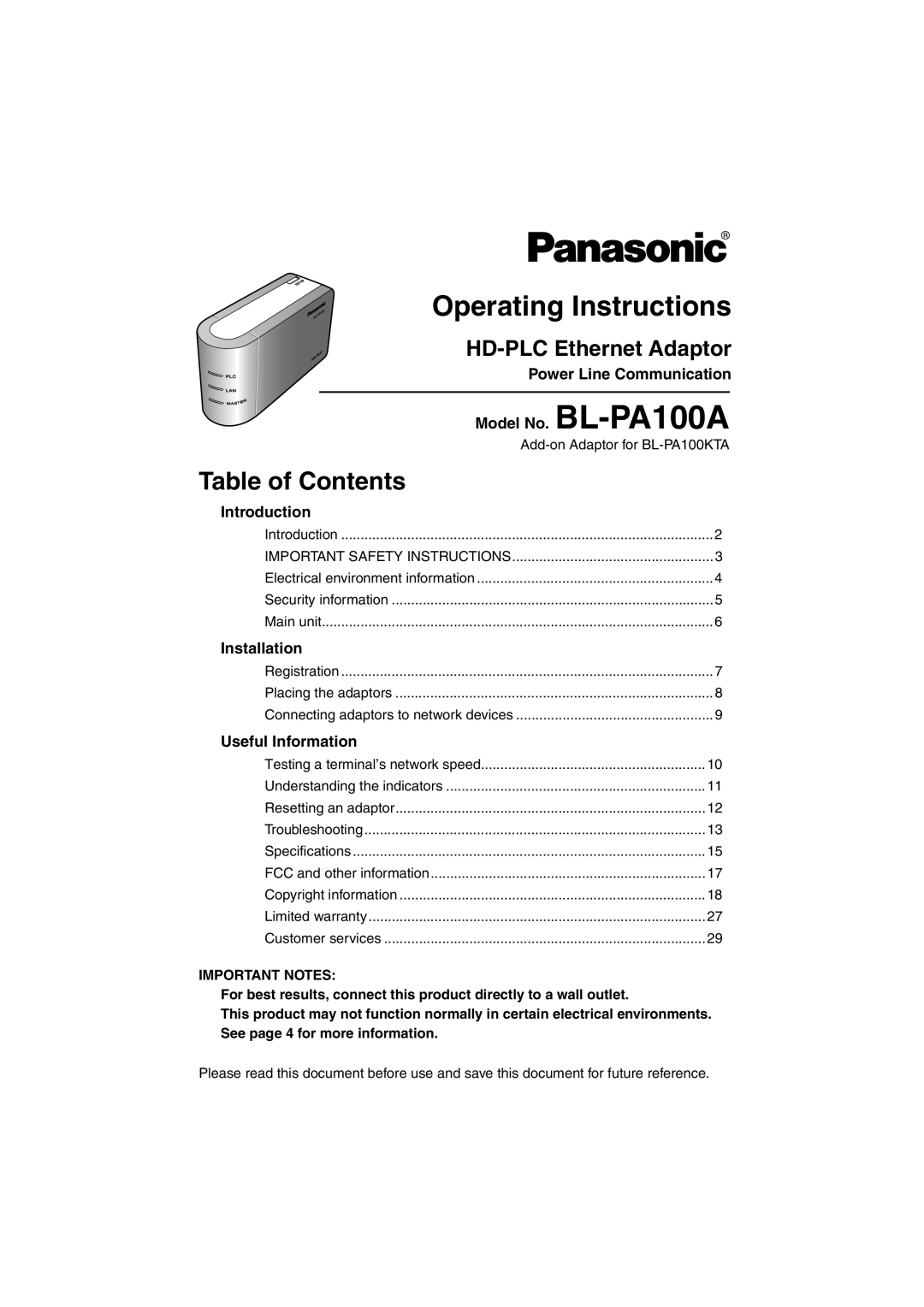 Panasonic important safety instructions HD-PLC Ethernet Adaptor, Power Line Communication, Model No. BL-PA100A 