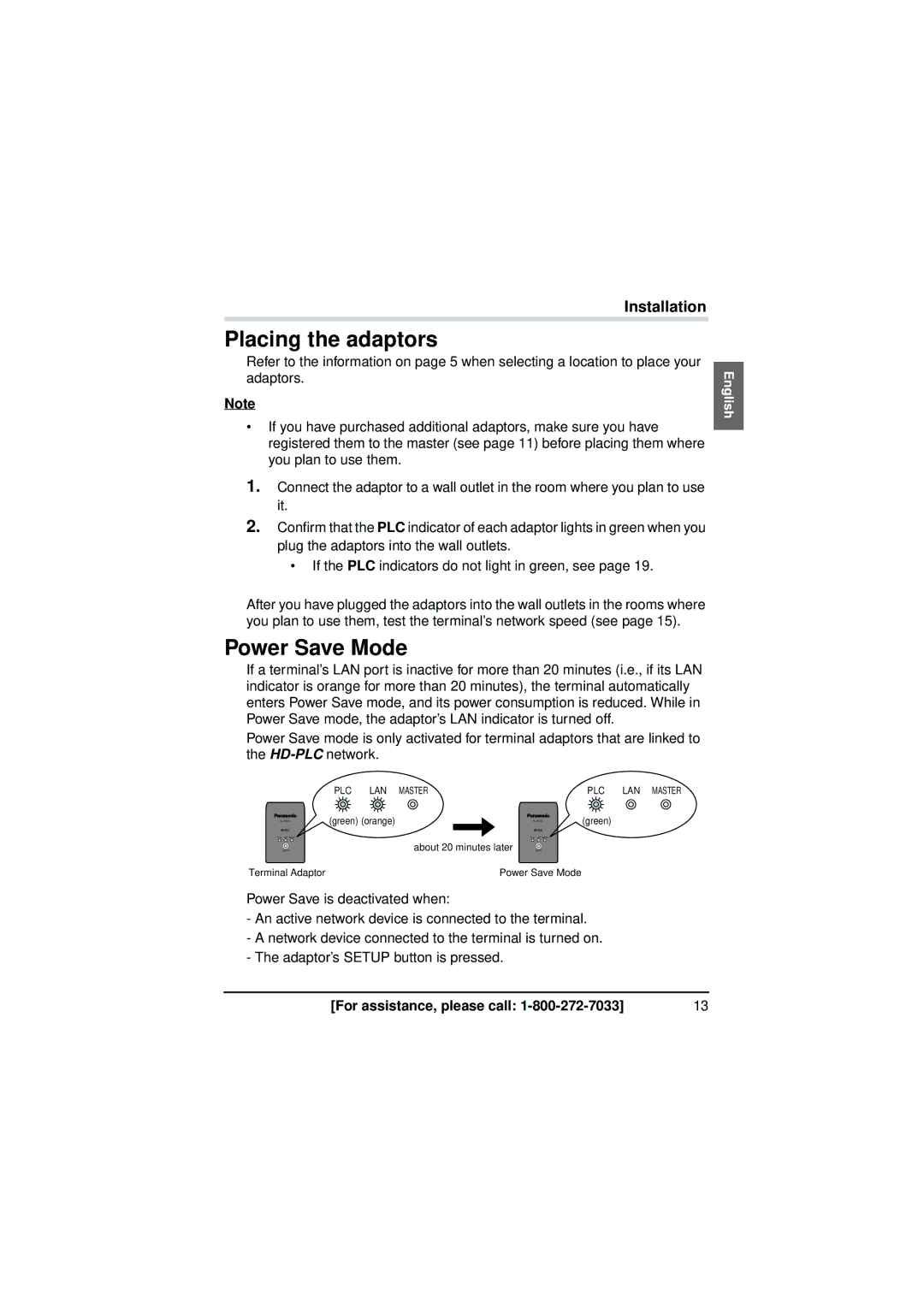 Panasonic BL-PA300A operating instructions Placing the adaptors, Power Save Mode 