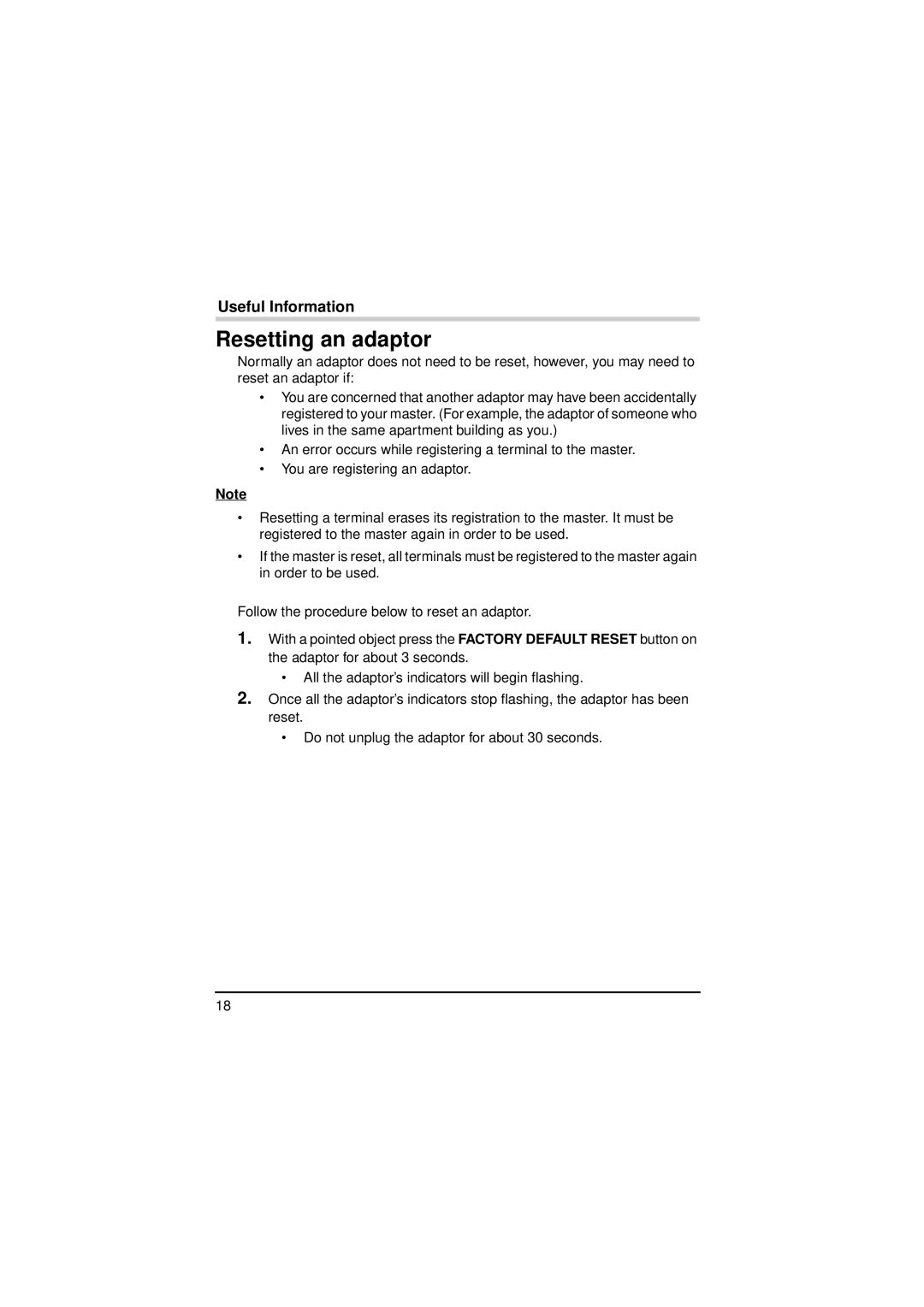 Panasonic BL-PA300A operating instructions Resetting an adaptor 