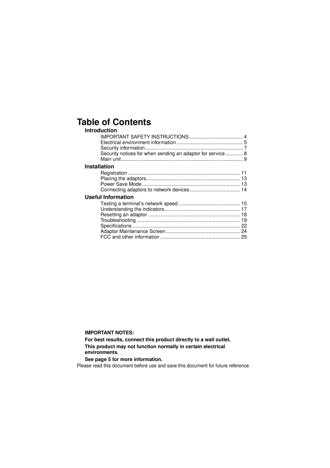 Panasonic BL-PA300A operating instructions Table of Contents 