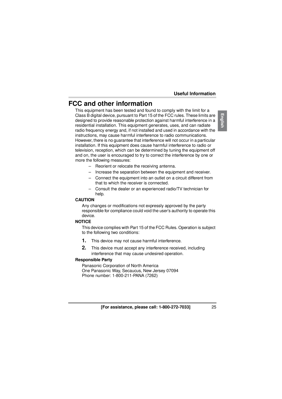 Panasonic BL-PA300A operating instructions FCC and other information, Responsible Party 