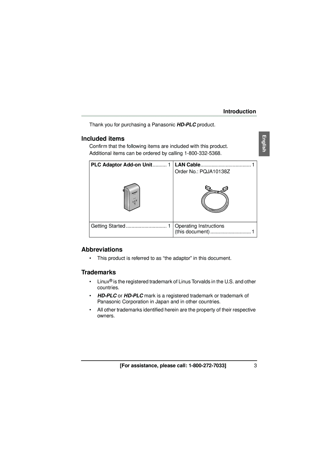 Panasonic BL-PA300A operating instructions Included items, Abbreviations, Trademarks, PLC Adaptor Add-on Unit LAN Cable 