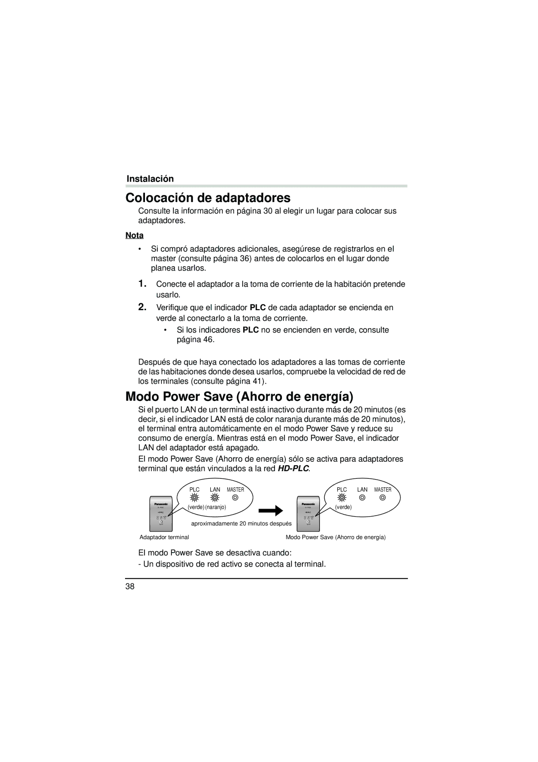 Panasonic BL-PA300A operating instructions Colocación de adaptadores, Modo Power Save Ahorro de energía 