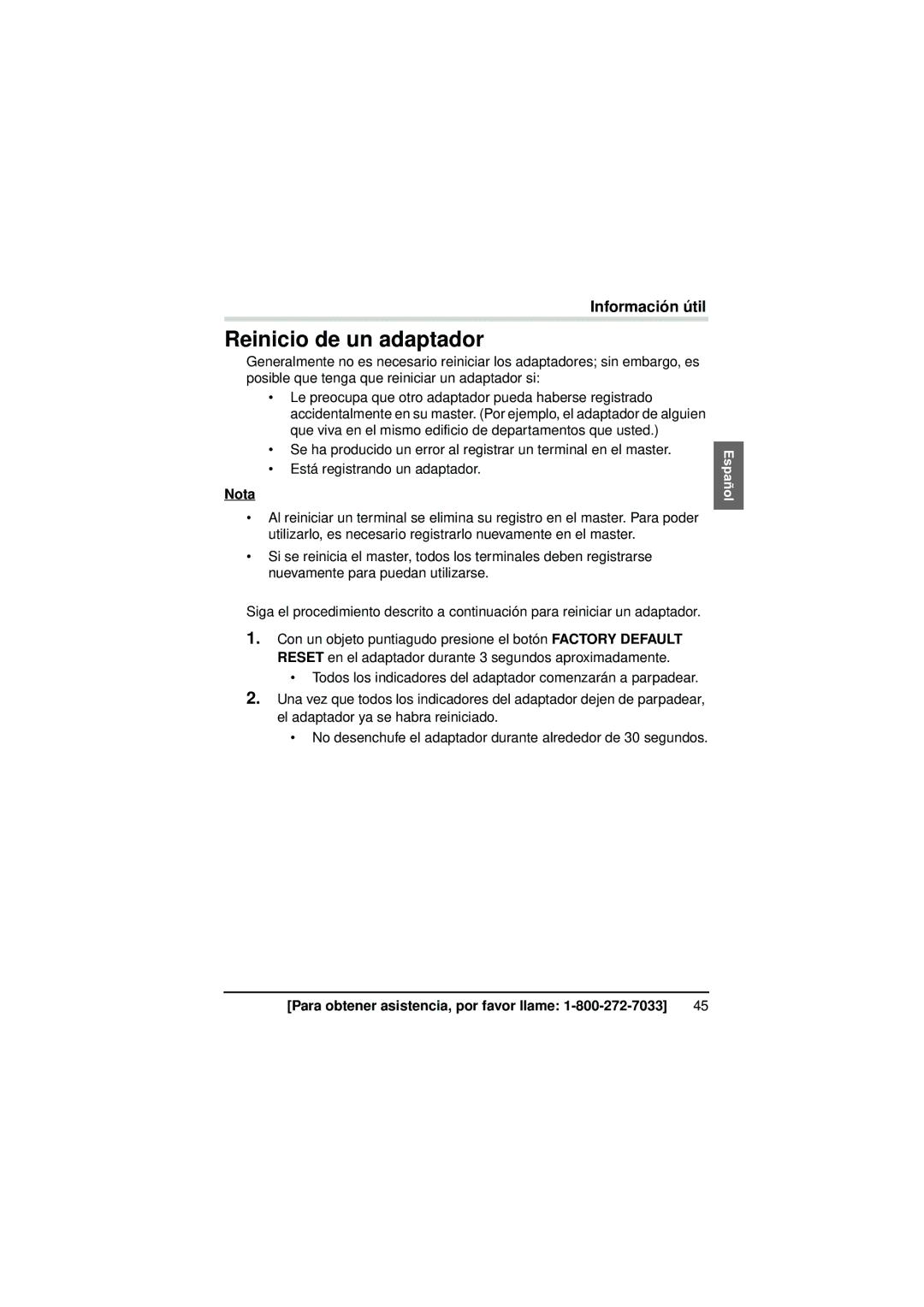 Panasonic BL-PA300A operating instructions Reinicio de un adaptador, Nota 