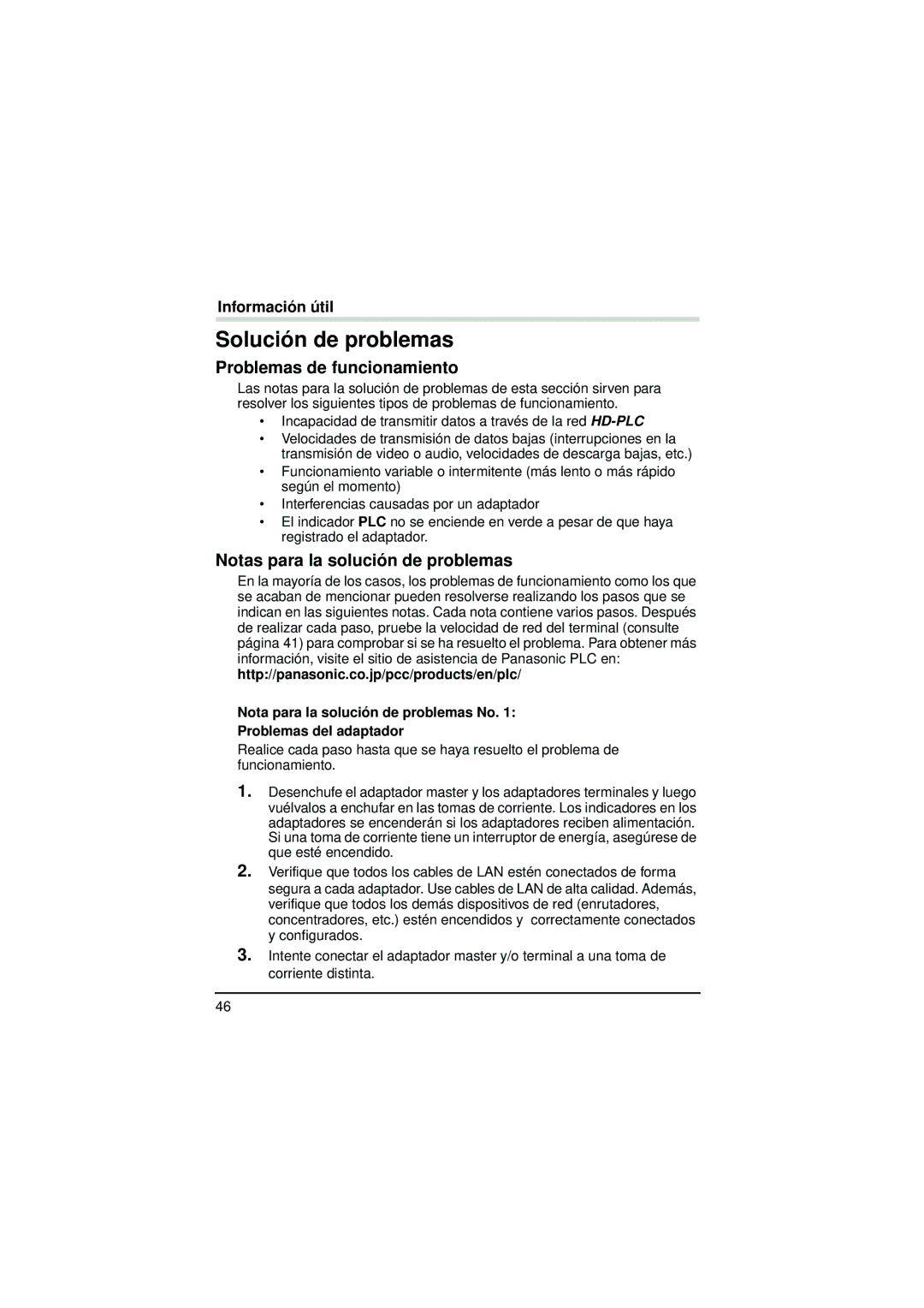 Panasonic BL-PA300A Solución de problemas, Problemas de funcionamiento, Notas para la solución de problemas 