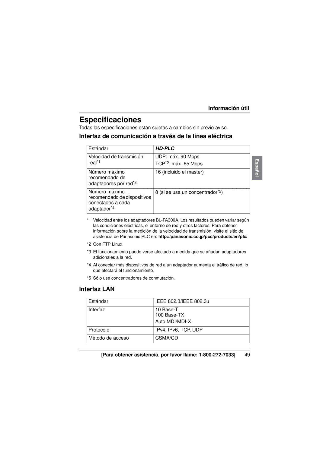 Panasonic BL-PA300A Especificaciones, Interfaz de comunicación a través de la línea eléctrica, Interfaz LAN 