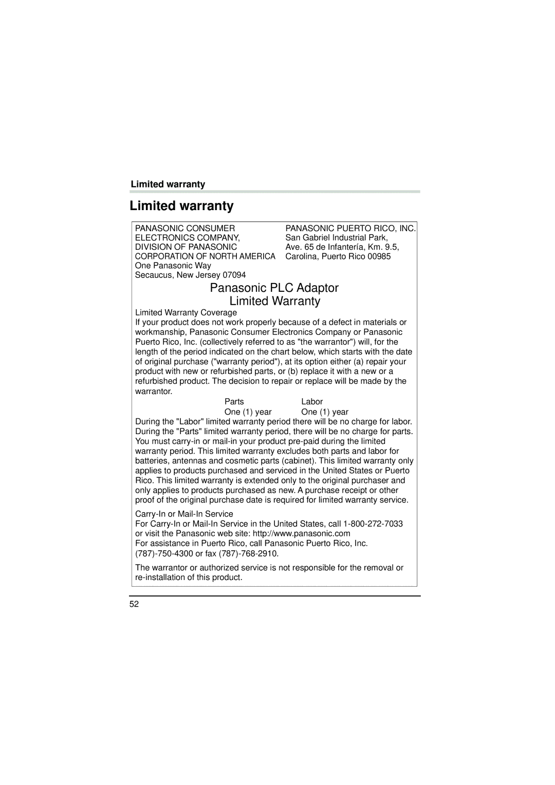 Panasonic BL-PA300A operating instructions Limited warranty, Panasonic Consumer Electronics Company 