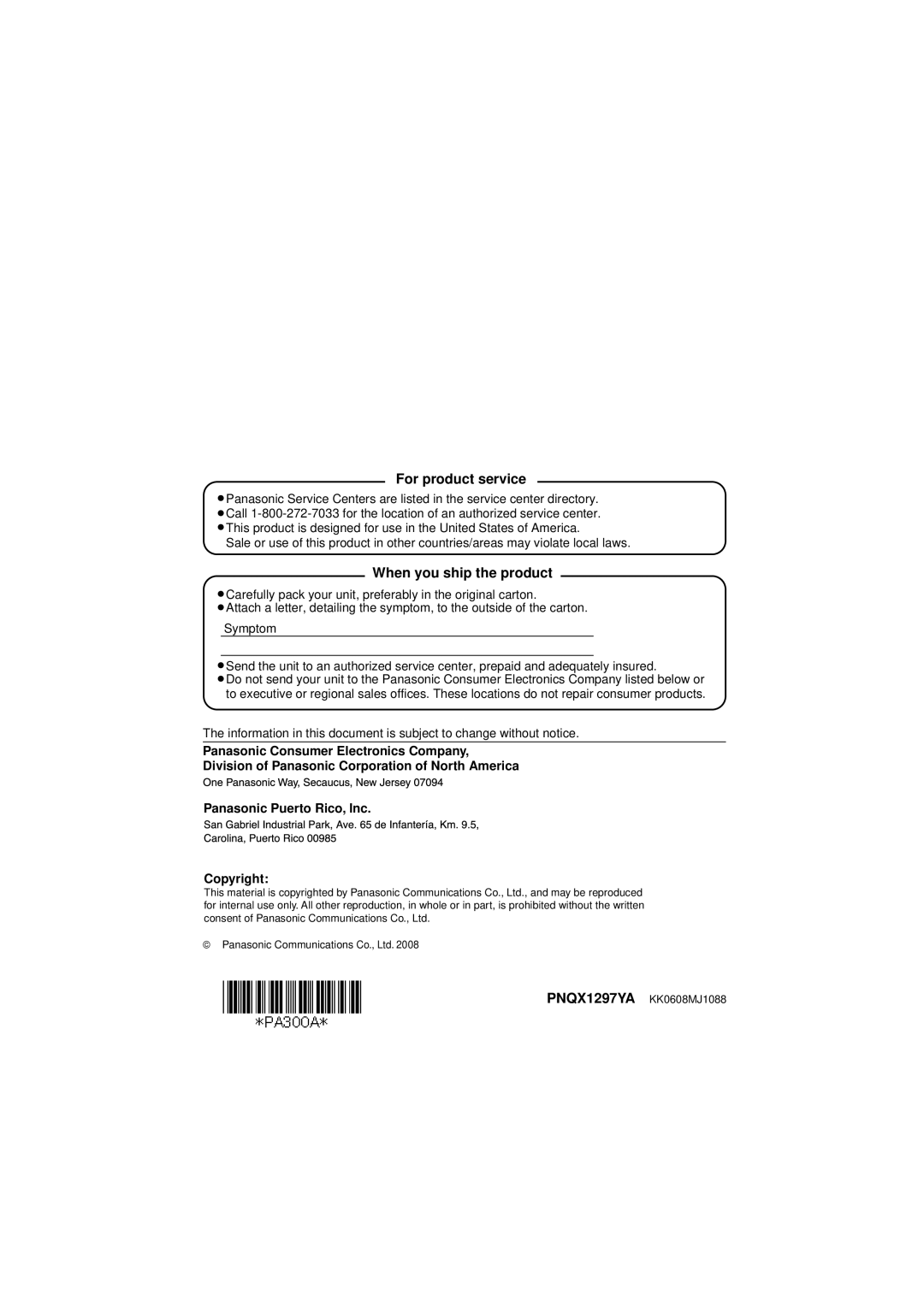 Panasonic BL-PA300A operating instructions For product service, When you ship the product 