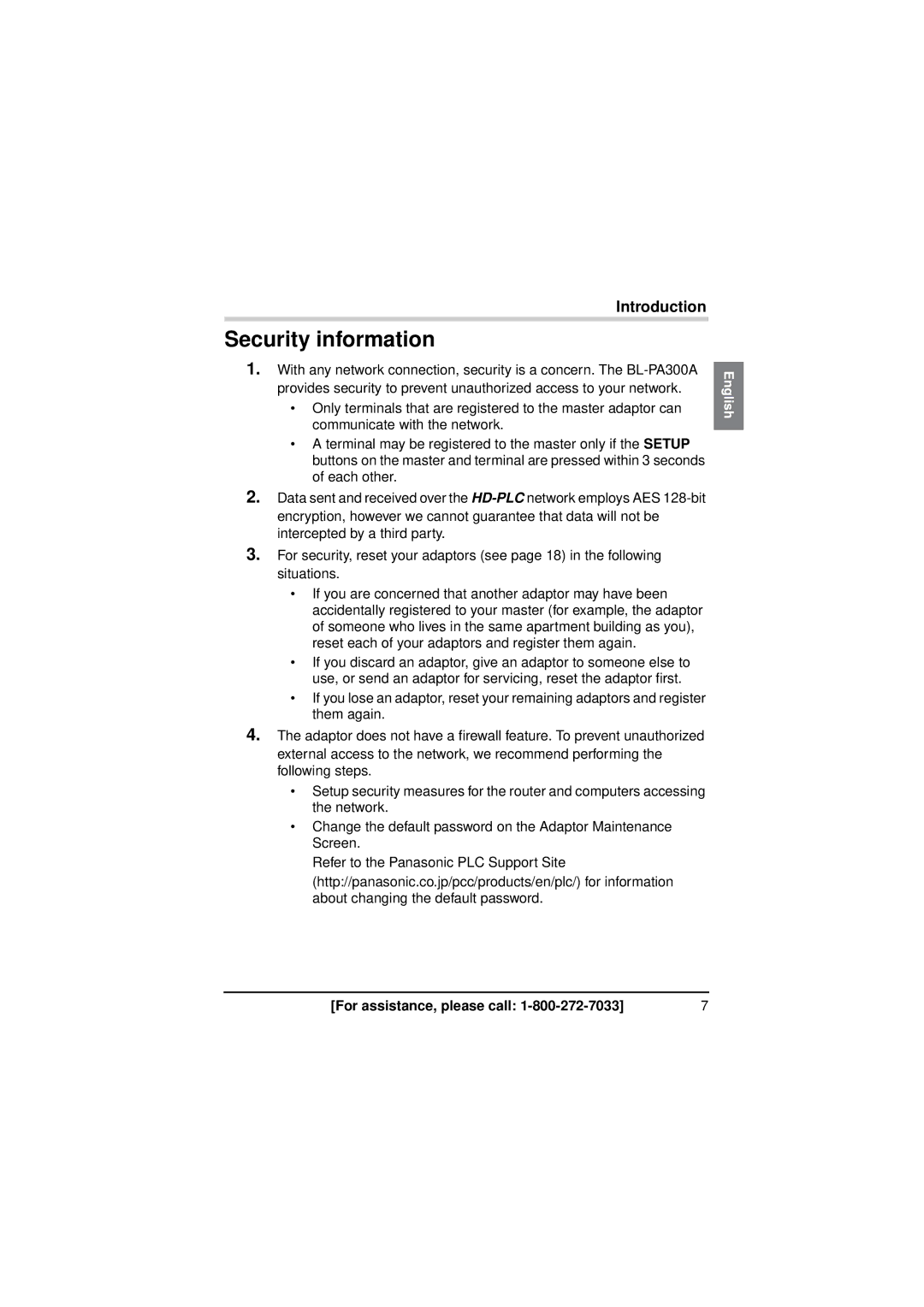 Panasonic BL-PA300A operating instructions Security information 