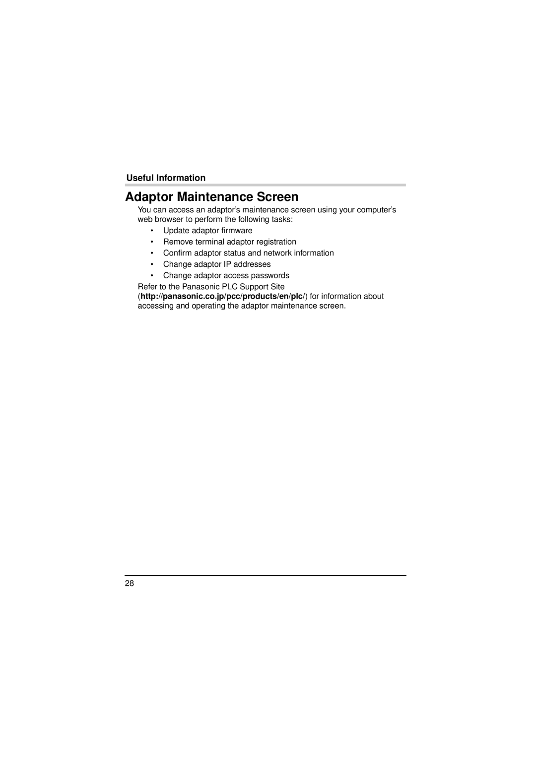 Panasonic BL-PA300KTA warranty Adaptor Maintenance Screen 