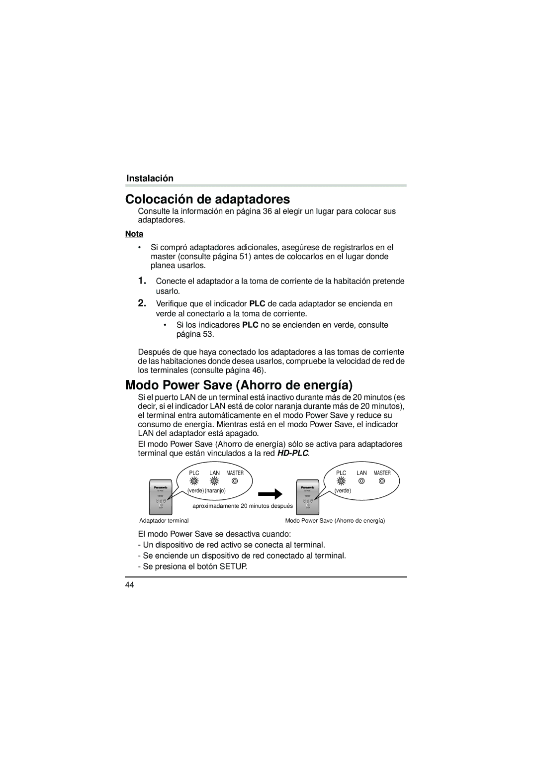 Panasonic BL-PA300KTA warranty Colocación de adaptadores, Modo Power Save Ahorro de energía 