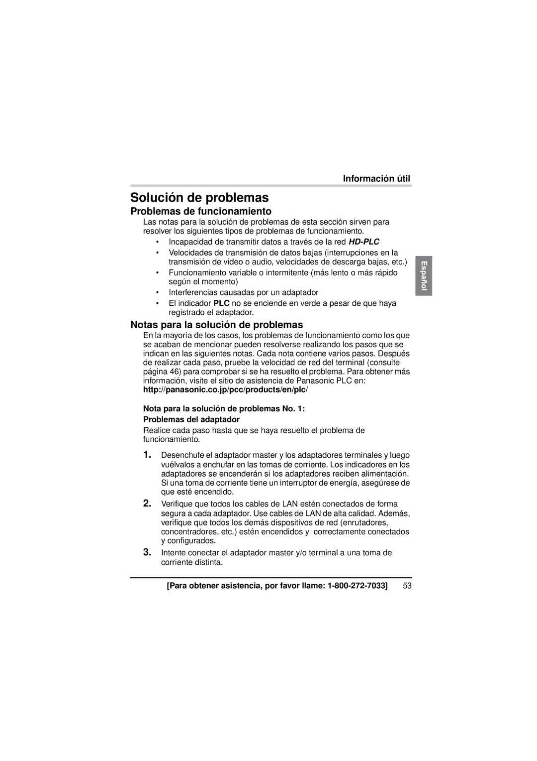 Panasonic BL-PA300KTA warranty Solución de problemas, Problemas de funcionamiento, Notas para la solución de problemas 