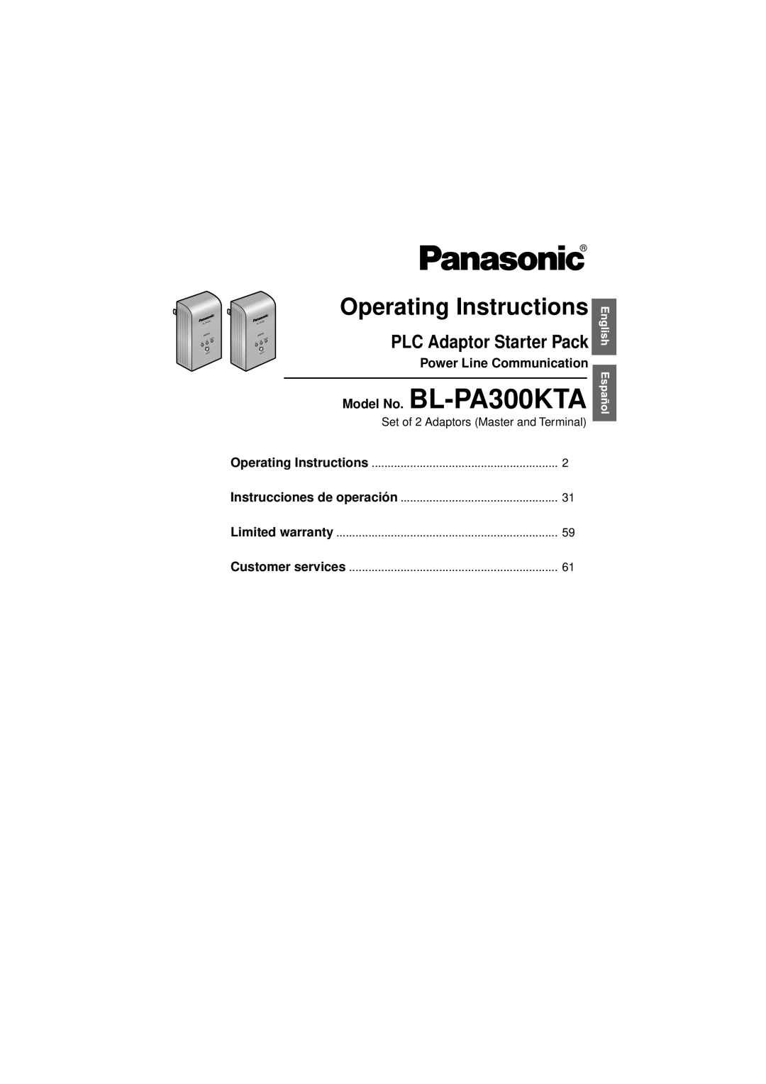 Panasonic BL-PA300KTA warranty Operating Instructions, PLC Adaptor Starter Pack, Power Line Communication, Plc Hd 