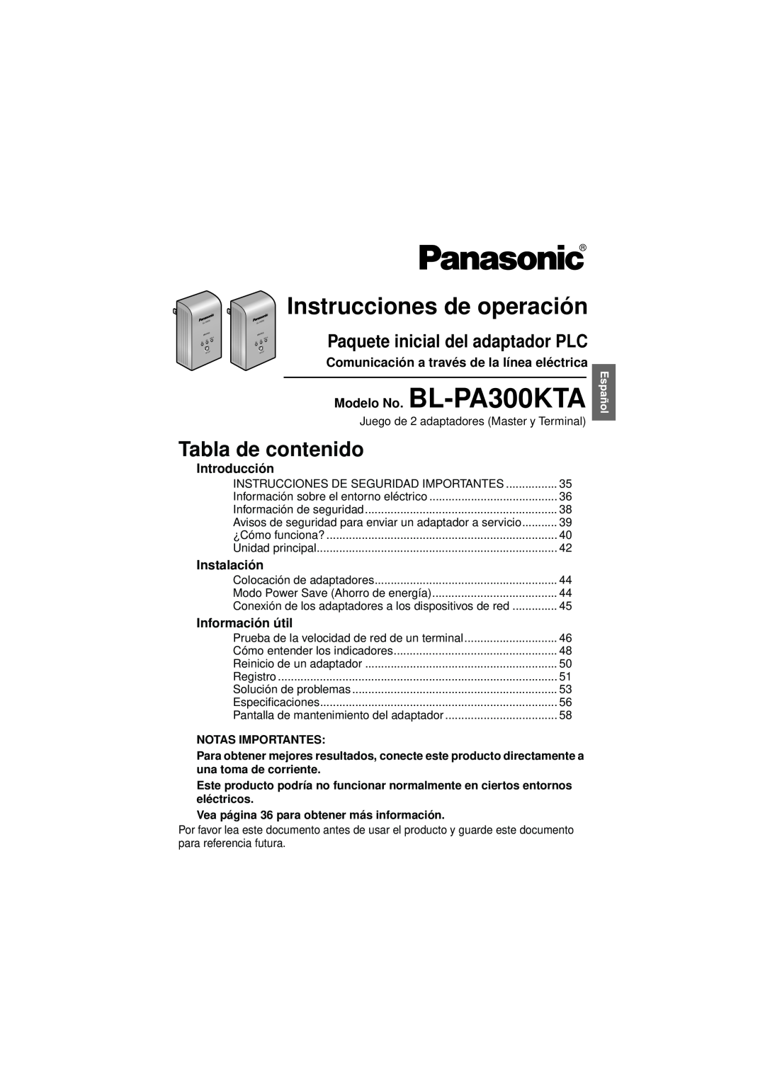 Panasonic BL-PA300KTA Instrucciones de operación, Tabla de contenido, Paquete inicial del adaptador PLC, Introducción 