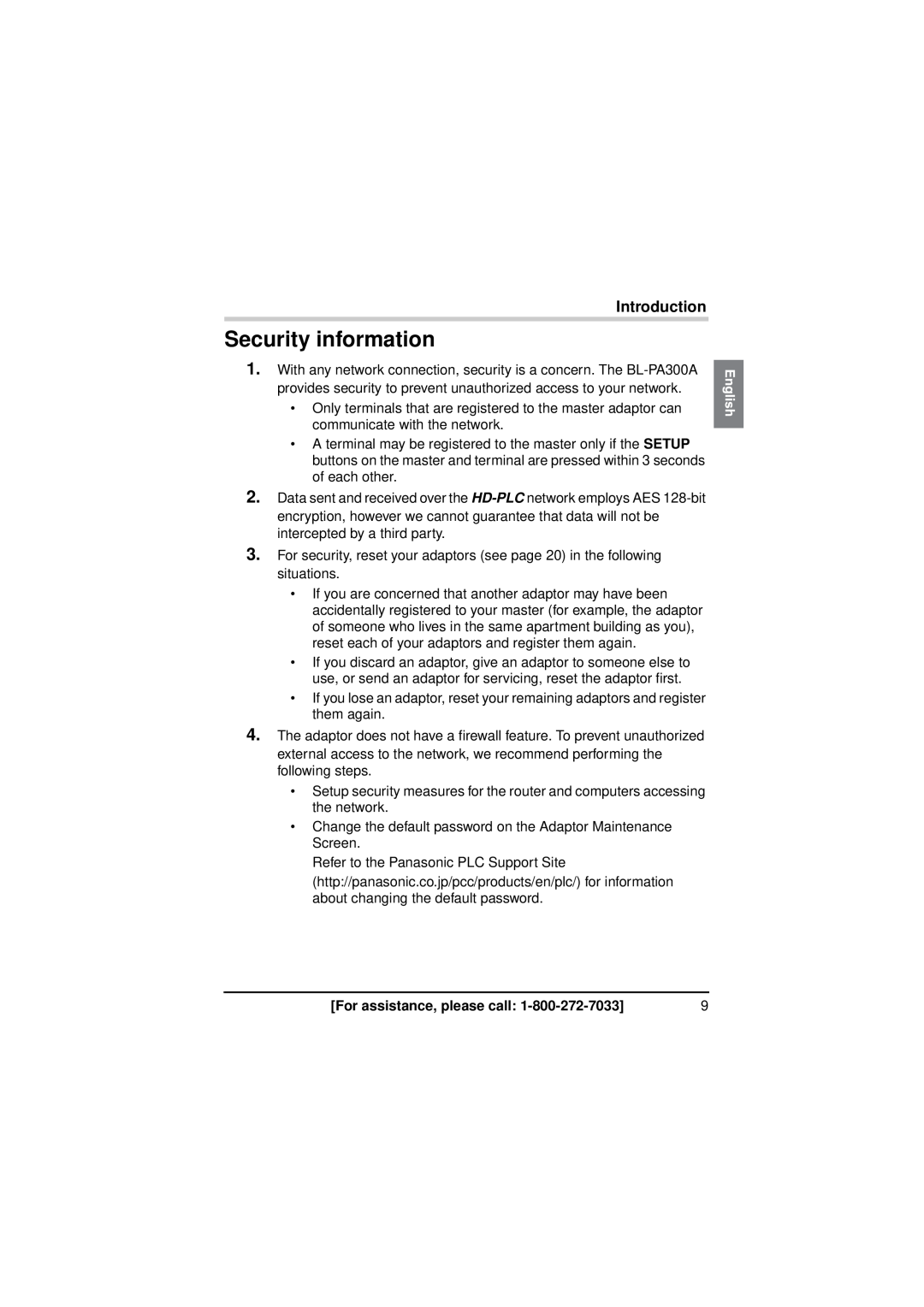 Panasonic BL-PA300KTA warranty Security information, Introduction, For assistance, please call 