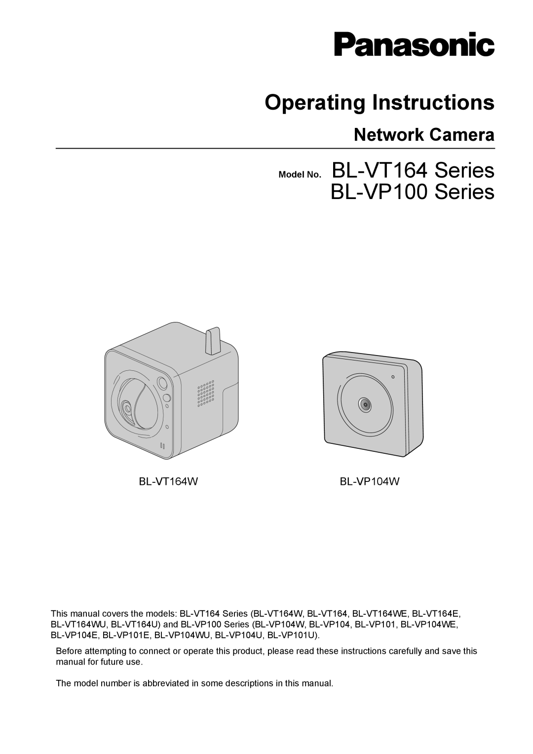 Panasonic BL-VT164W, BL-VP104W, BL-VP100 manual Operating Instructions, Network Camera 