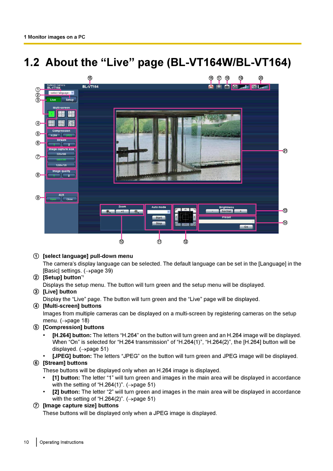 Panasonic BL-VP104W, BL-VP100 manual About the Live page BL-VT164W/BL-VT164 