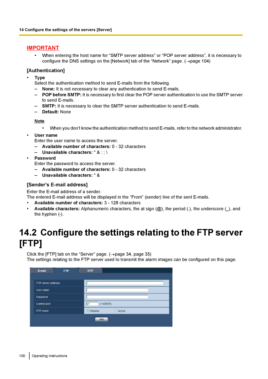 Panasonic BL-VT164 Configure the settings relating to the FTP server FTP, Sender’s E-mail address, Type, Default None 