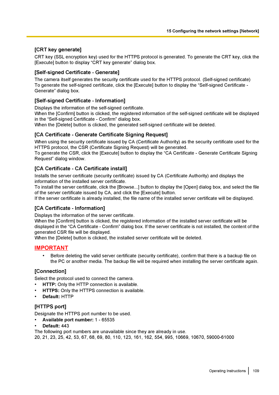 Panasonic BL-VT164W CRT key generate, Self-signed Certificate Generate, Self-signed Certificate Information, Connection 