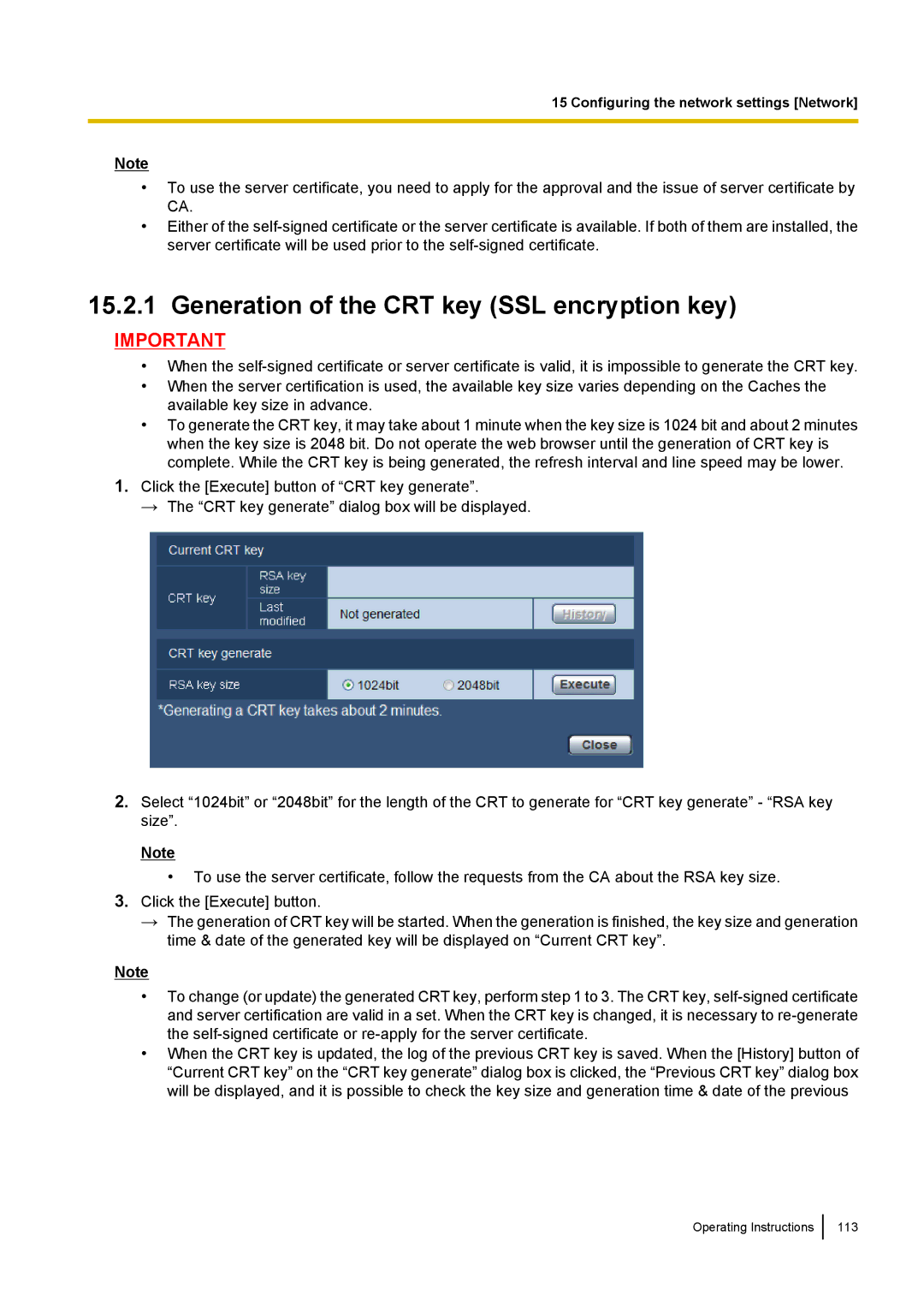 Panasonic BL-VT164W, BL-VP104W, BL-VP100 manual Generation of the CRT key SSL encryption key 