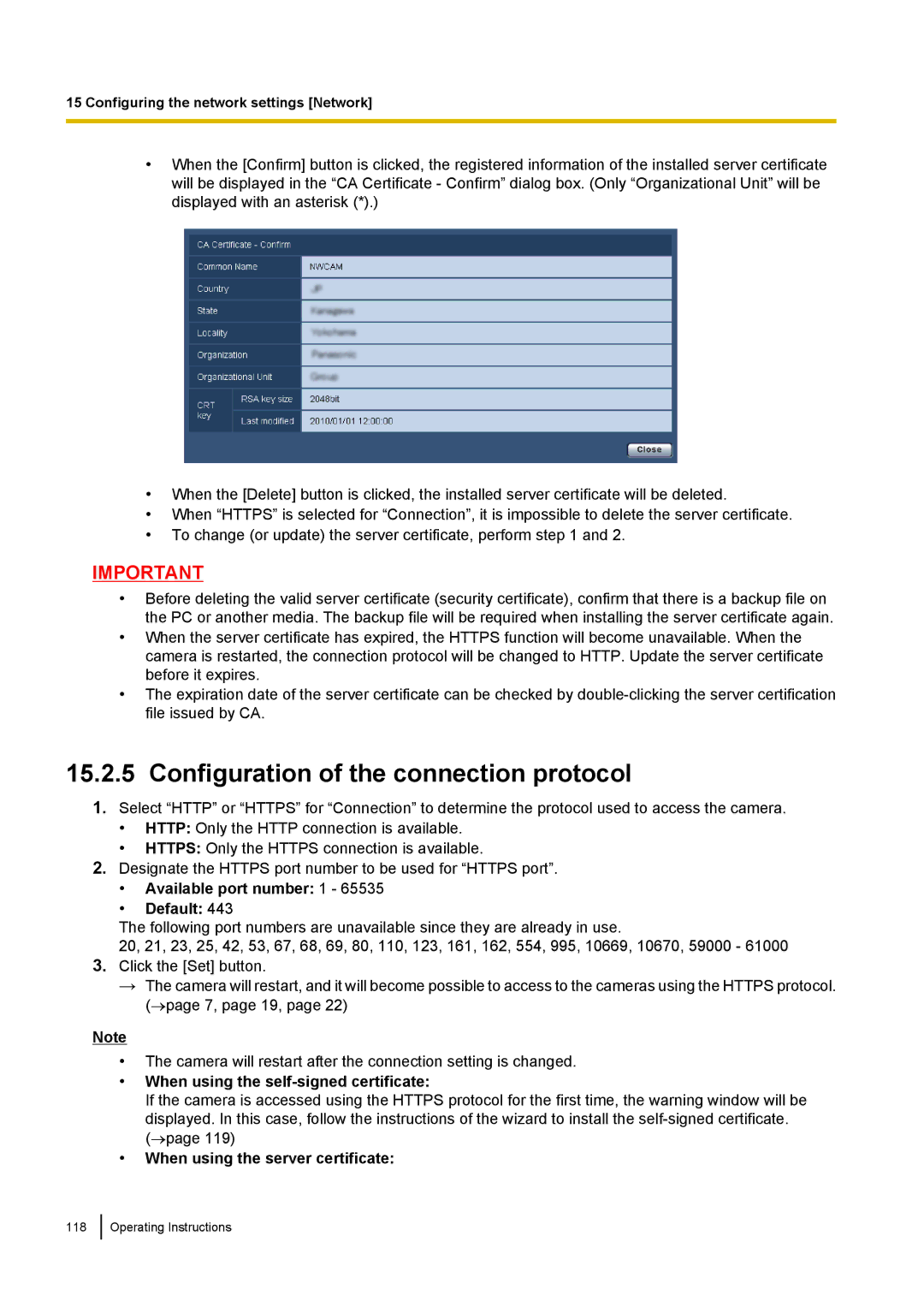 Panasonic BL-VP104W, BL-VT164W, BL-VP100 manual Configuration of the connection protocol 