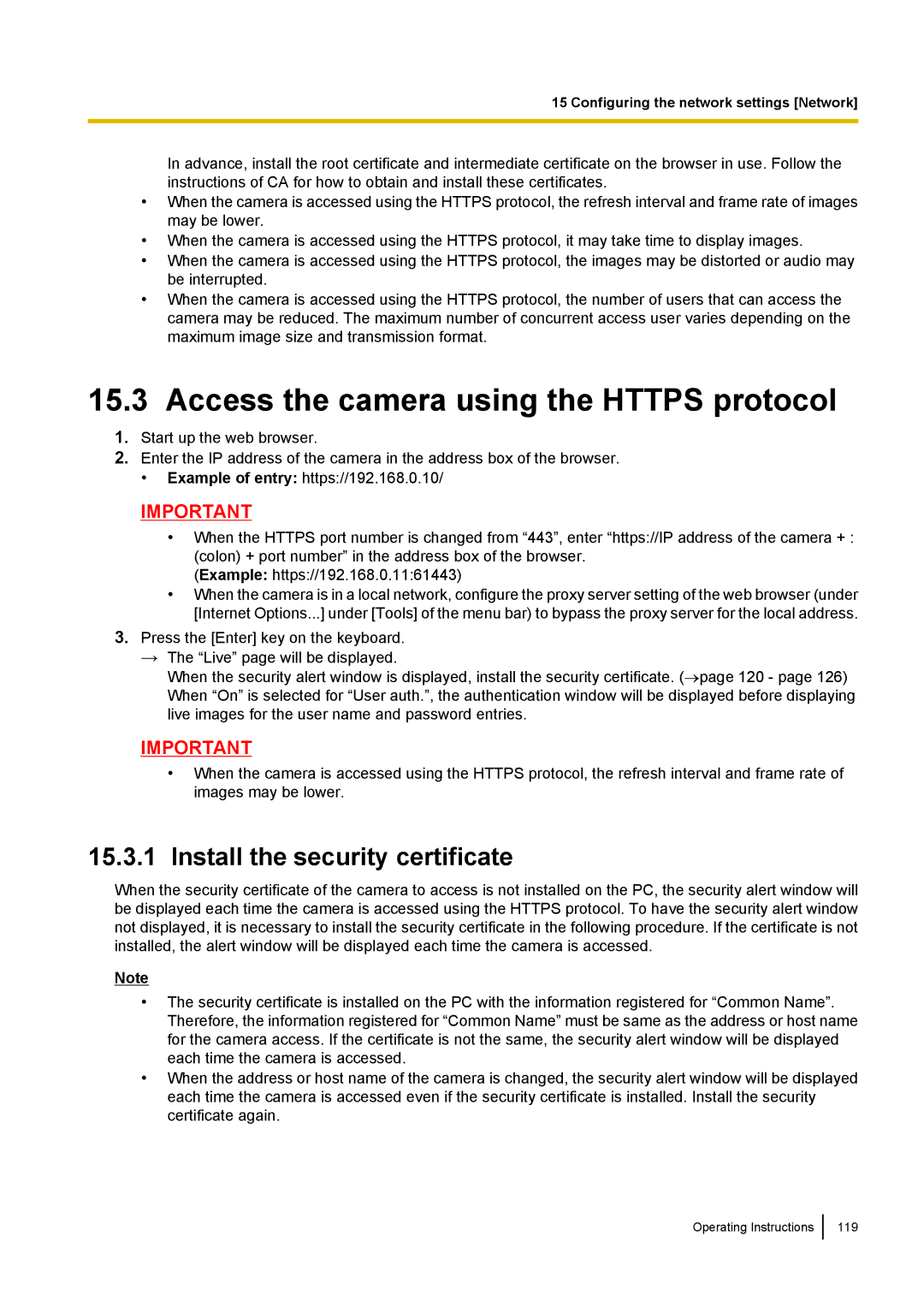 Panasonic BL-VP100, BL-VT164W, BL-VP104W Access the camera using the Https protocol, Install the security certificate 