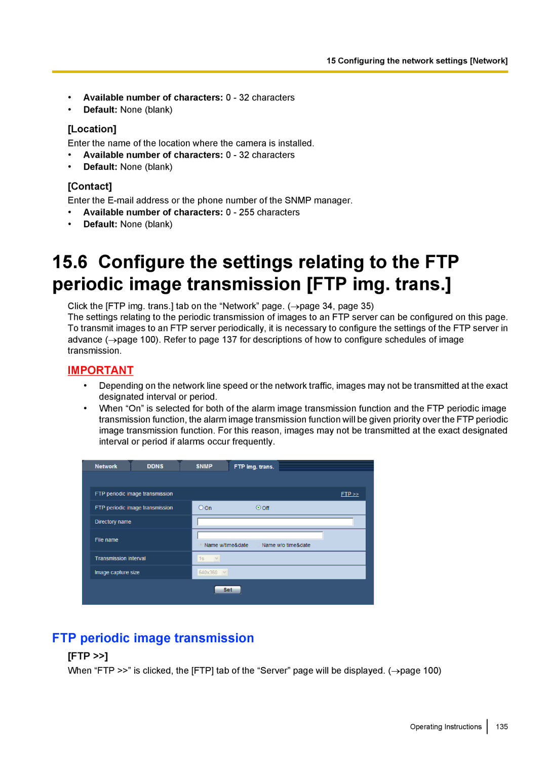 Panasonic BL-VP100 FTP periodic image transmission, Location, Contact, Available number of characters 0 255 characters 