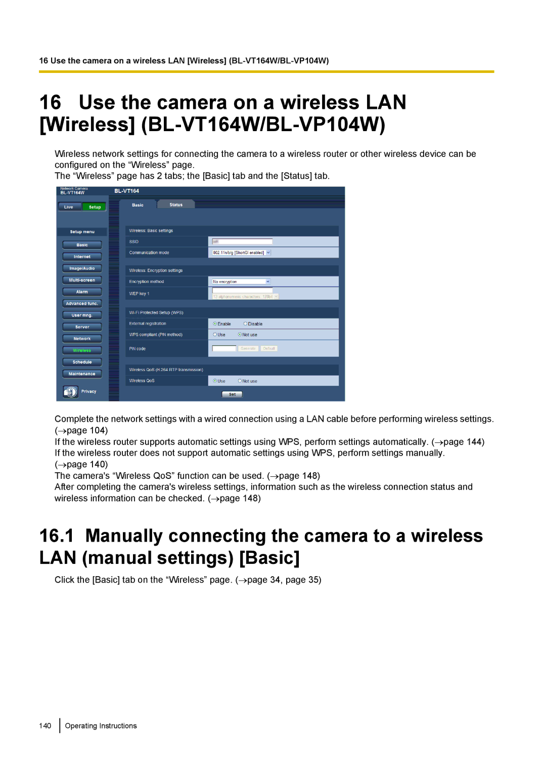 Panasonic BL-VT164W, BL-VP104W, BL-VP100 manual Click the Basic tab on the Wireless page. →page 34 